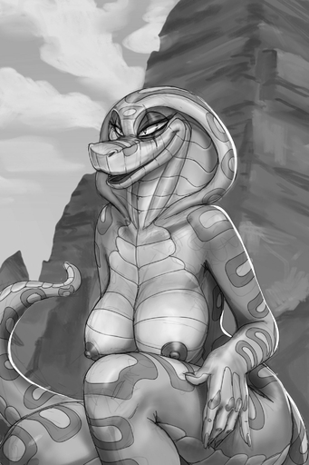 2020 anthro areola big_breasts breasts casual_nudity claws detailed_background female hi_res monochrome nipples non-mammal_breasts nude reptile rock scales scalie scar sky smile snake solo swameliz tasteful // 1365x2048 // 297.9KB
