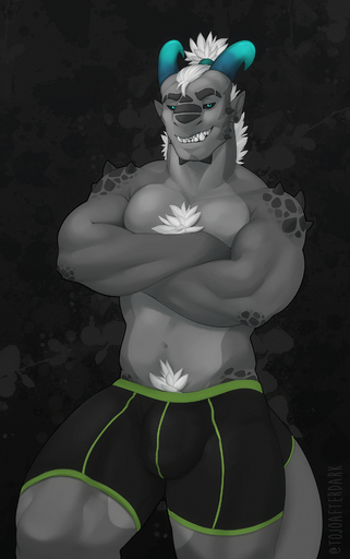 accessory anthro black_clothing black_underwear blue_eyes blue_horn body_hair bulge chest_tuft clothing conditional_dnp crossed_arms dark-tojo dragon furgonomics green_clothing green_underwear grey_body grey_scales hair hair_accessory hairband happy_trail hi_res horn male pecs scales scalie signature solo teeth tojo_the_thief tuft underwear white_hair // 1204x1920 // 3.1MB