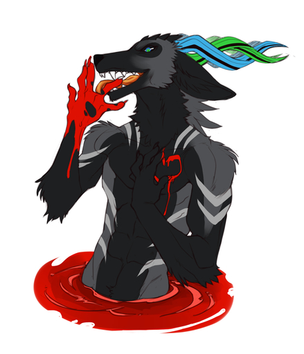 abs anthro blood bodily_fluids canid canine faint fur horn male mammal smile solo standing teeth tongue tongue_out // 944x1100 // 343KB