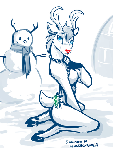 2021 anthro antlers arm_tuft bell blue_eyes blush breasts butt capreoline casual_nudity cervid cheek_tuft christmas cloven_hooves conditional_dnp elbow_tufts facial_tuft featureless_breasts female hand_on_breast harness holidays hooves horn igloo kneeling looking_at_viewer mammal mistletoe monochrome nude outside plant red_nose reindeer restricted_palette scarf simple_background sketch smile snow snowman solo spot_color tom_fischbach tuft webcomic white_background winter // 906x1184 // 414.2KB