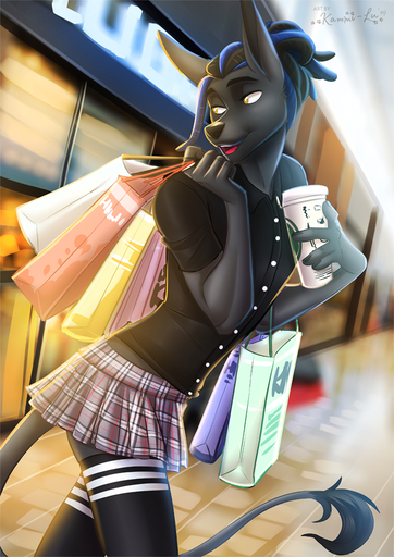 2019 4_fingers 5_fingers anthro black_nose canid canine clothed clothing detailed_background digital_media_(artwork) fingers girly kammi-lu mammal smile solo standing // 707x1000 // 486KB