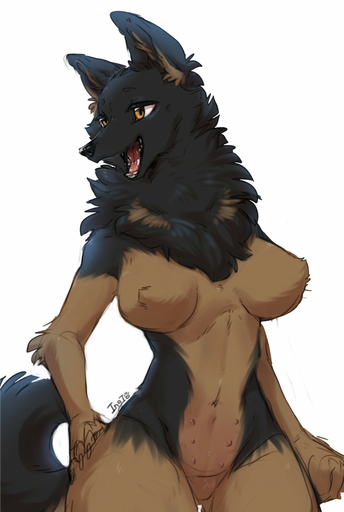 2022 amber_eyes anthro belly_nipples big_breasts black_body black_fur black_nose breast_tuft breasts canid canine canis domestic_dog english_text featureless_breasts featureless_crotch female fluffy fluffy_chest fluffy_tail fur german_shepherd herding_dog hi_res ingi inner_ear_fluff kemono looking_aside mammal multicolored_body multicolored_fur neck_tuft nipples nude open_mouth pastoral_dog pink_nipples simple_background solo standing tan_body tan_fur teats text tongue tuft white_background // 859x1280 // 135.0KB