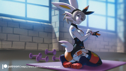 16:9 2019 3_toes alanscampos alternate_species anthro barefoot bea_(pokemon) big_ears biped breasts butt butt_pose cinderace clothed clothing digital_media_(artwork) dumbbell feet female furrification grey_hair gym_leader hair hi_res inside kneeling lagomorph mammal pokemon_(species) pose short_hair soles solo text toes url video_games weights widescreen // 2000x1125 // 3.1MB