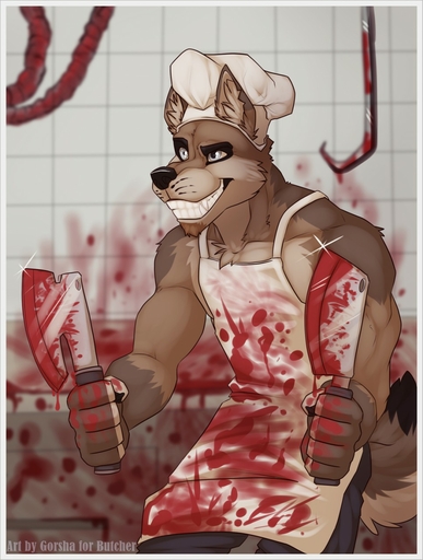 anthro apron axe biped blood bodily_fluids butcher canid canine cleaver_(knife) clothing covered_in_blood covering covering_self cutlery gore gorsha_pendragon grin hi_res insane kitchen_knife kitchen_utensils knife male mammal melee_weapon smile solo standing tools watermark weapon // 967x1280 // 199.7KB