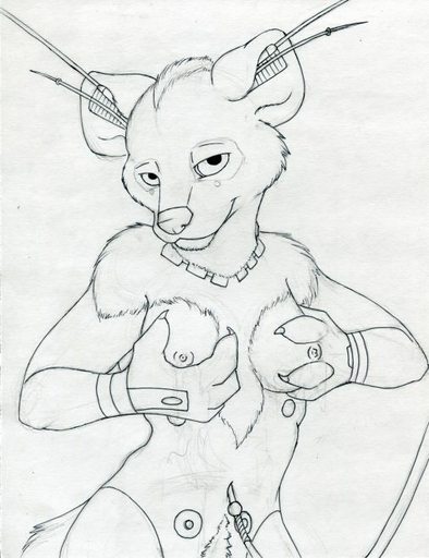 android antennae_(anatomy) anthro breasts female front_view fur holding_breast hyaenid looking_at_viewer machine mammal monochrome nipples nude robot ruaidri simple_background sine_(character) smile solo spotted_hyena white_background // 506x658 // 54.7KB