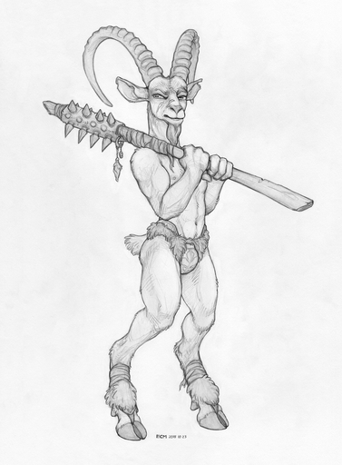 2018 4_fingers anthro biped bovid caprine clothed clothing curved_horn ecmajor fingers goat hi_res holding_object holding_weapon hooves horn male mammal monochrome sketch solo standing weapon wraps // 1020x1385 // 1.1MB