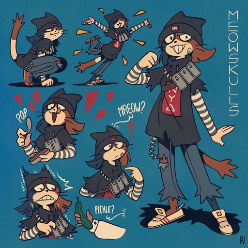 2022 4_fingers <3 all_fours anthro artist_logo band-aid bandage bandolier barefoot beanie black_body black_clothing black_fur blue_background bottomwear breasts brown_body brown_fur calico_cat caption clothing conditional_dnp crouching denim denim_clothing domestic_cat english_text feet felid feline felis female fingers fist flat_colors food footwear fox-pop full-length_portrait fur gesture grin hair half-length_portrait happy hat headgear headwear hi_res jeans lips logo mammal meow meow_skulls_(fortnite) mischievous_smile mostly_offscreen_character motion_lines mottled multicolored_body multicolored_fur on_one_leg onomatopoeia open_mouth pants pickle_(food) piebald pointing pointing_at_self portrait pose question_mark redesign sardine_tin scared shirt shoes short_hair simple_background small_breasts smile solo sound_effects spread_arms standing striped_sleeves t-shirt text topwear torn_bottomwear torn_clothing torn_jeans torn_pants video_games wallet_chain white_body white_fur yellow_eyes // 2048x2048 // 715.7KB
