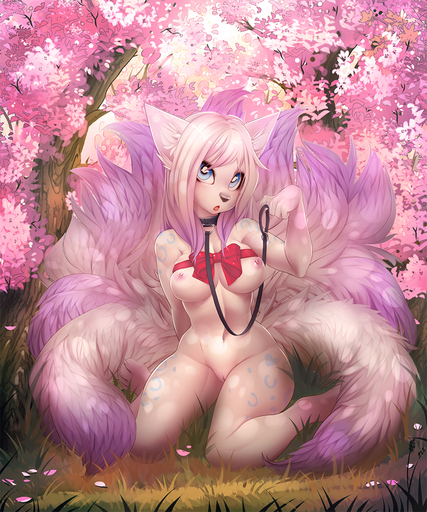 2015 anthro blue_eyes breasts canid canine collar deymos digital_media_(artwork) female fox fur genitals hair iskra knock-kneed leash mammal multi_tail nipples nude outside pink_body pink_fur pink_hair pussy ribbons shaded shirowretched solo // 888x1066 // 947.2KB