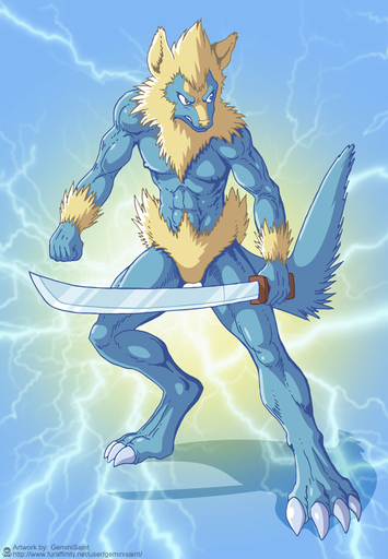 2014 4_toes 5_fingers angry anthro anthrofied blue_background blue_body claws electricity fan_character feet fingers front_view geminisaint holding_object holding_weapon looking_aside male manectric manny_raibolt melee_weapon muscular muscular_anthro muscular_male nipples nude pokemon_(species) simple_background solo standing sword text toes url video_games watermark weapon // 662x955 // 186.6KB