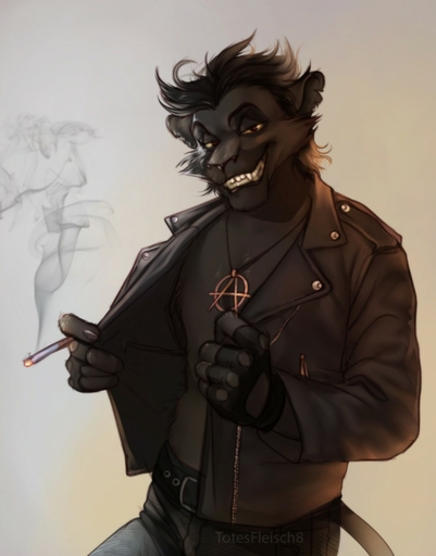 anthro cigarette clothed clothing fangs felid fur hair hi_res jacket jewelry looking_at_viewer male mammal necklace open_clothing open_jacket open_topwear smoke smoking solo teeth topwear totesfleisch8 // 939x1200 // 106KB