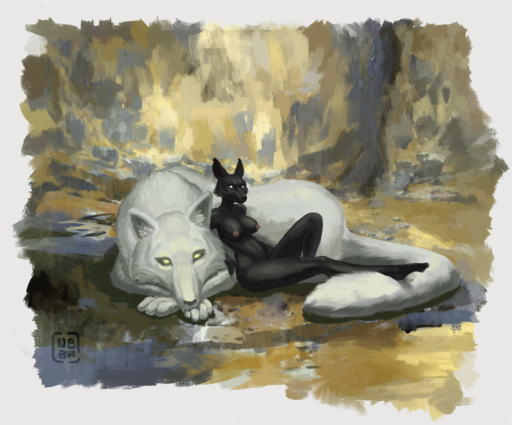 abstract_background absurd_res ambiguous_gender anthro black_body black_fur breasts canid canine canis digital_media_(artwork) digital_painting_(artwork) duo empty_eyes female feral fur hi_res inner_ear_fluff larger_feral lying mammal missing_sample nebaglubina nipples nude on_front on_ground painting sitting size_difference smaller_anthro tuft white_body white_eyes white_fur wolf yellow_eyes // 3094x2568 // 3.3MB