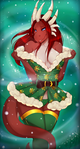 abstract_background absurd_res anthro belt blue_eyes breasts christmas cleavage clothed clothing dragon evellyn female hair hi_res holidays horn legwear looking_at_viewer non-mammal_breasts panties pose red_body red_hair scalie skimpy snow solo stockings thigh_highs underwear vexstacy wide_hips // 2512x4636 // 1.4MB