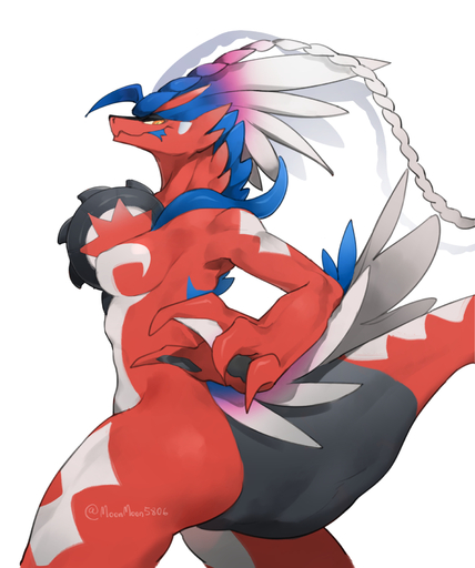 anthro breasts dragon feathers featureless_breasts female hi_res koraidon legendary_pokemon moonmoon5806 nude pokemon_(species) red_body solo tire tongue video_games // 1504x1800 // 911.6KB