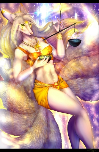 5_fingers anthro araivis-edelveys black_bars breasts canid canine canis domestic_dog female fingers fluffy fluffy_tail fur hair hi_res mammal midriff multi_tail navel pink_nose solo white_body white_fur white_hair wide_hips yellow_eyes // 1495x2300 // 544KB