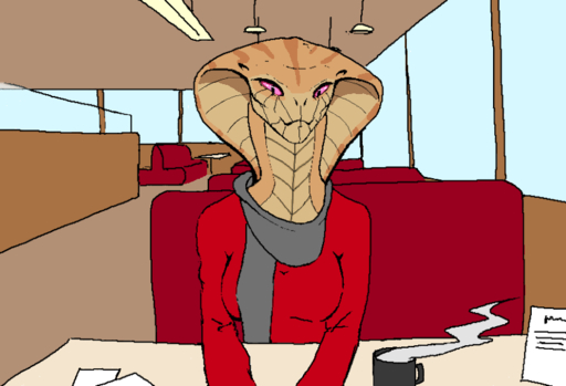apode breasts clothed clothing coffee_mug cup digital_media_(artwork) diner draconcopode edit female front_view furniture legless looking_at_viewer naga non-mammal_breasts oekaki reptile scalie serpentine sitting snake snake_hood solo steam table unknown_artist video_games viper_(x-com) x-com // 807x550 // 50.3KB