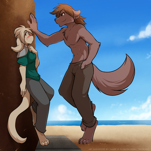 1:1 against_wall anthro barefoot basitin beach blush bodily_fluids bottomwear brown_body brown_eyes brown_fur brown_hair canid canine canis chest_tuft clothed clothing cloud conditional_dnp crossgender detailed_background digitigrade duo ears_back embarrassed feet female flirting fur hair happy hi_res keidran keith_keiser larger_anthro larger_male long_hair male mammal muscular natani one_leg_up outside pants pivoted_ears raised_leg sand sea seaside side_view size_difference sky smaller_anthro smaller_female smile smug sweat tan_body tan_fur tan_hair tom_fischbach topless tuft twokinds water webcomic webcomic_character wolf // 1200x1200 // 906.6KB