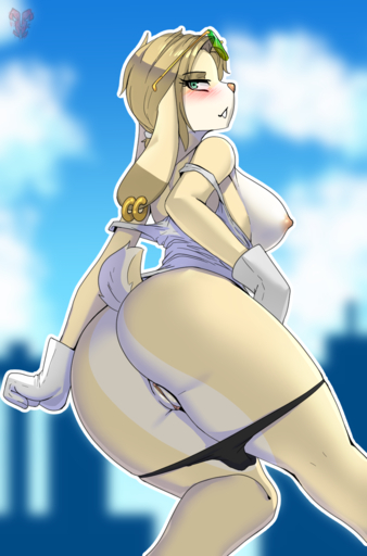 2019 accessory anthro big_breasts blush breasts butt butt_focus clothing female genitals gloves hair_accessory hairpin handwear hi_res lagomorph leporid long_ears mammal presenting pussy rabbit roadiesky wide_hips // 1000x1516 // 832.5KB