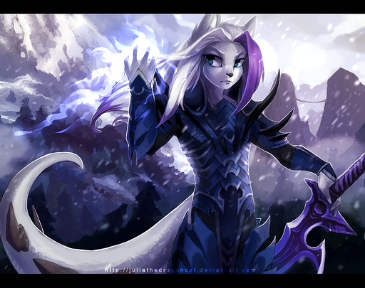 ambiguous_gender anthro black_bars blue_eyes detailed_background digital_media_(artwork) hair holding_object holding_weapon hybrid juliathedragoncat purple_hair solo standing weapon white_hair // 1200x950 // 1.4MB
