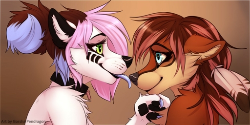 2017 2:1 anthro blue_eyes brown_body brown_fur brown_hair canid canine canis duo feathers female fur gorsha_(character) gorsha_pendragon green_eyes hair jewelry kissing licking mammal necklace pink_hair selina_zifer simple_background smile tongue tongue_out watermark white_body white_fur wolf // 1280x640 // 163.7KB