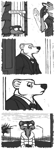 2018 absurd_res anthro bow_tie canid canine clothing comic dialogue disney duke_weaselton english_text fox fur gloves_(marking) greyscale hi_res least_weasel luraiokun male mammal markings monochrome mustela mustelid musteline nick_wilde snow speech_bubble text true_musteline ursid whiskers zootopia // 950x2560 // 1.4MB