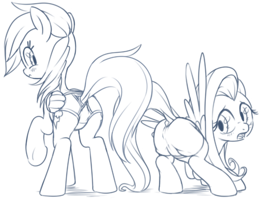 2014 black_and_white blue_and_white blush boxer_briefs briefs butt clothing cutie_mark digital_drawing_(artwork) digital_media_(artwork) duo equid equine feathered_wings feathers female feral fluttershy_(mlp) friendship_is_magic hair hasbro horse line_art mammal monochrome my_little_pony pegasus presenting presenting_hindquarters rainbow_dash_(mlp) standing stoic5 underwear wings // 820x623 // 220.5KB