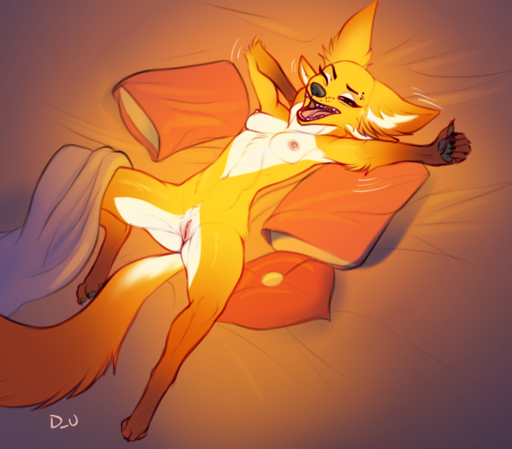 anthro bed breasts canid canine discreet_user eyebrow_piercing facial_piercing female fox furniture genitals glowing glowing_body hi_res mammal mylar_(discreet_user) piercing pussy small_breasts solo spread_legs spreading // 1904x1668 // 3.0MB