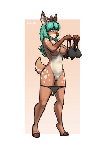 2022 anthro antlers biped breasts brown_body brown_fur cervid clothing digital_media_(artwork) digitigrade female foxovh fur genitals green_eyes green_hair hair hi_res hooves horn looking_at_viewer mammal multicolored_body multicolored_fur navel nipples pussy scut_tail short_tail simple_background solo two_tone_body two_tone_fur undressing white_background white_body white_fur // 905x1280 // 280.0KB