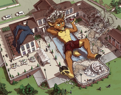 2019 anthro antlers bell bell_collar beverage bird's-eye_view bottomwear brown_body brown_fur building canid canine canis car cervid chair classy clothed clothing collar day denim denim_clothing destruction detailed_background fountain fox fur furniture green_eyes grin group hat headgear headwear hi_res hiding high-angle_view holding_object horn jeans large_group lying macro male mammal mansion on_back outside pants party plant road running smile smug street_lamp swimming_pool swimming_trunks swimwear table tent tirrel tirrel_(character) top_hat topless tree vehicle wall_(disambiguation) wolf // 2048x1607 // 1002.0KB