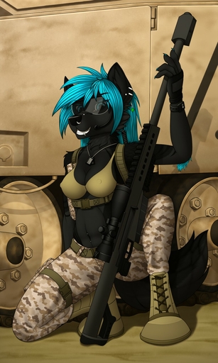 2018 3:5 5_fingers anthro army black_body black_fur black_nose blue_hair camo canid canine canis crouching detailed_background digital_media_(artwork) domestic_dog eyewear female fingers fur glasses gun hair hi_res holding_gun holding_object holding_weapon mammal midriff military navel nipple_outline ranged_weapon smile solo tales_foxdale weapon // 768x1280 // 194.0KB