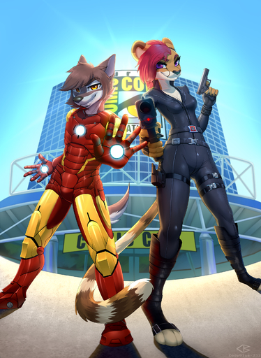 absurd_res age_difference anthro armor balto_star black_widow_(marvel) canid canine canis cheetah clothing codyblue-731 cosplay costume duo felid feline female hi_res iron_man male mammal nikki_kofi smile teenager weapon wolf young // 2237x3061 // 5.5MB
