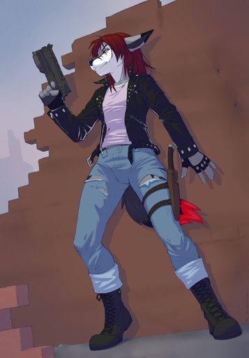 2014 absurd_res anthro canid canine clothed clothing digital_media_(artwork) female fingerless_gloves fully_clothed gloves gun handgun handwear hi_res holding_gun holding_object holding_weapon katinka_vexoria knife mammal pistol ranged_weapon solo weapon wolfy-nail // 1920x2750 // 1.8MB