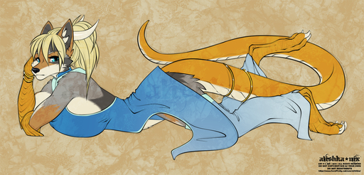 2020 alishka anthro barefoot big_breasts blonde_hair blue_eyes breast_squish breasts canid canine clothed clothing digital_media_(artwork) eyebrows eyelashes feet female hair horn hybrid lizard lying mammal on_front reptile scalie solo squish // 1280x614 // 1007.1KB