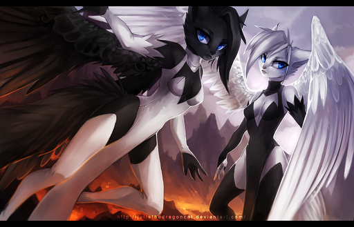 14:9 anthro black_bars black_body black_feathers blue_eyes breasts clothed clothing detailed_background digital_media_(artwork) duo feathered_wings feathers felid female hair hybrid juliathedragoncat mammal white_body white_feathers white_hair wings // 1400x900 // 1.4MB