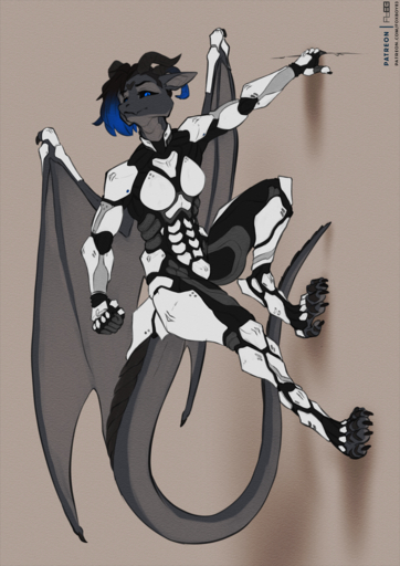 anthro armor ash_(disambiguation) barefoot biped claws dragon feet female foxboy83 hi_res long_tail membrane_(anatomy) membranous_wings solo toe_claws wings // 905x1280 // 1.6MB