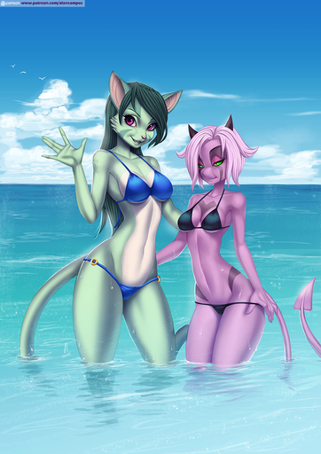 2016 alanscampos anthro beach bikini breast_size_difference breasts clothed clothing demon detailed_background domestic_cat duo felid feline felis female fur green_body green_fur green_hair hair horn humanoid lilith_calah mammal namah_calah navel outside partially_submerged pink_hair purple_eyes seaside sibling sister sisters sky spade_tail swimwear text url water wet white_body white_fur // 778x1100 // 257.7KB