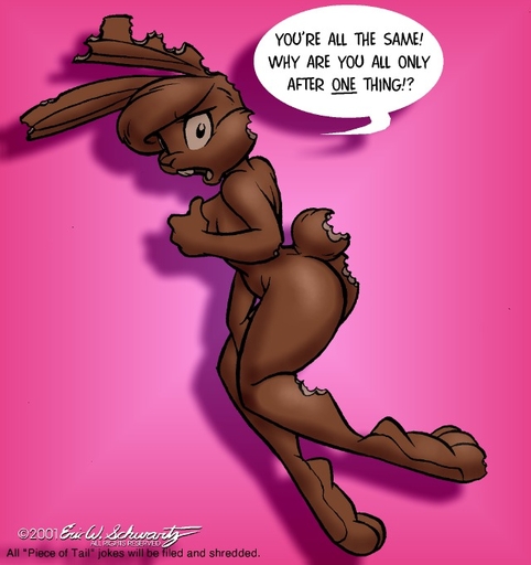 2001 angry anthro bite_mark breasts butt candy chocolate dessert english_text eric_schwartz female female_prey food food_creature furafterdark hand_between_legs hand_on_breast hard_vore humor lagomorph leporid living_candy looking_at_viewer mammal nude pink_background rabbit simple_background solo text vore // 640x680 // 79.1KB