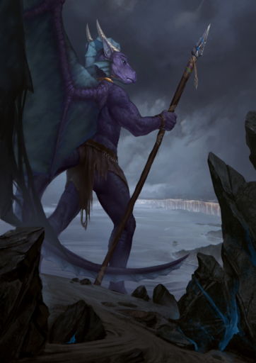 2019 anthro blue_eyes claws conditional_dnp detailed_background dragon hi_res holding_object holding_spear holding_weapon horn latex_(artist) male melee_weapon membrane_(anatomy) membranous_wings polearm purple_body purple_scales scales scalie solo spear spines weapon western_dragon wings // 1178x1667 // 1.8MB
