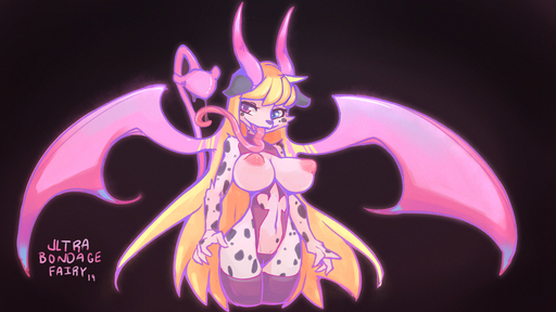 2019 anthro big_breasts black_background black_nose blonde_hair blue_eyes breasts camel_toe canid canine clothing demon female hair horn legwear long_hair long_tongue mammal navel nipples open_mouth simple_background smile solo spots stockings tongue ultrabondagefairy white_body wings // 1250x703 // 243.0KB