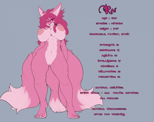 2017 3_tails 5_toes abs anthro autograph big_breasts breasts canid canine character_sheet_(rpg) claws colored_sketch conditional_dnp digital_media_(artwork) english_text erect_nipples feet female fluffy fluffy_tail fox fur genitals hair hands_behind_back humanoid_feet looking_at_viewer mammal messy_hair multi_tail muscular muscular_anthro muscular_female nipples nude pink_body pink_claws pink_eyes pink_fur pink_hair pose prick_ears pussy rai_(wyntersun) simple_background solo text toe_claws toes wyntersun // 1280x1020 // 144.1KB