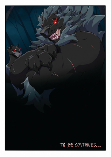 black_nose canid canine canis comic detailed_background digital_media_(artwork) duo english_text forest hi_res male mammal night nude open_mouth outside patto plant red_eyes teeth text tongue tree were werecanid werecanine werewolf wolf // 905x1280 // 128KB