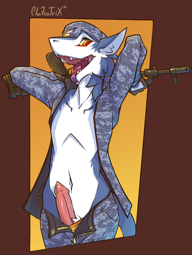 2015 anthro assault_rifle blue_body blue_fur bottomwear camo chazcatrix clothed clothing erection fur genitals gloves gun handwear hi_res holding_gun holding_object holding_weapon jacket male mammal markus_(dowantanaccount) open_mouth pants partially_clothed penis ranged_weapon rifle sergal simple_background smile solo tongue tongue_out topwear weapon white_body white_fur // 1373x1820 // 1.1MB