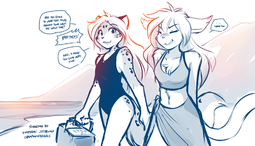 2019 7:4 aged_up anthro basitin basket beach blush chest_tuft clothing conditional_dnp dialogue duo embarrassed english_text eyes_closed felid female fur hi_res holding_object keidran looking_aside madelyn_adelaide maeve_(twokinds) mammal midriff monochrome navel one-piece_swimsuit open_mouth outside pantherine seaside simple_background sketch smile snow_leopard spots spotted_body spotted_fur swimwear text tom_fischbach tuft twokinds walking webcomic webcomic_character white_background // 2240x1280 // 1.2MB