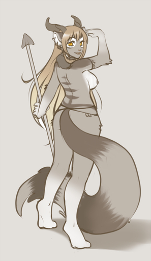 2013 anthro areola biped breasts clothed clothing digital_media_(artwork) ear_piercing felid female grey_background horn hybrid kittydee looking_at_viewer looking_back mammal melee_weapon nipples piercing polearm simple_background smile solo spear standing topless weapon // 532x917 // 204KB