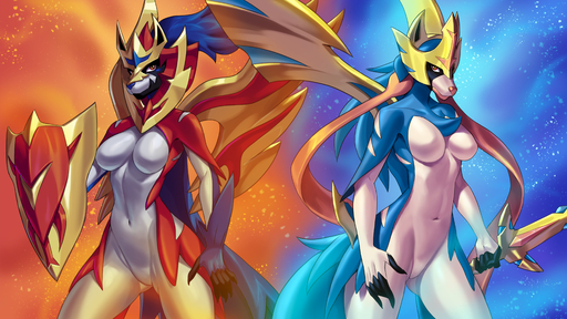 2019 absurd_res alanscampos anthro anthrofied breasts canid canine crowned_shield_zamazenta crowned_sword_zacian digital_media_(artwork) duo featureless_breasts featureless_crotch female hi_res holding_object holding_sword holding_weapon legendary_pokemon mammal melee_weapon pokemon_(species) pokemorph shield sword video_games weapon zacian zamazenta // 4440x2498 // 4.9MB