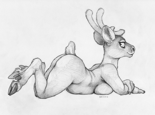 2016 anthro antlers belly biped breast_squish breasts butt capreoline cervid ecmajor english_text female fur hooves horn looking_at_viewer lying mammal monochrome nude on_front reindeer side_boob signature simple_background sketch slightly_chubby smile solo squish text traditional_media_(artwork) white_background // 1264x938 // 1007KB