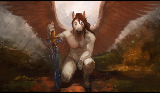 2016 anthro biped brown_hair censored conditional_dnp convenient_censorship digital_media_(artwork) digital_painting_(artwork) equid equine eyes_closed feathered_wings feathers front_view full-length_portrait fur hair holding_object holding_sword holding_weapon hooves horse illuvion kneeling letterbox long_hair male mammal melee_weapon nude on_one_knee oouna pegasus portrait signature solo sword weapon white_body white_feathers white_fur wings // 1500x875 // 983.3KB