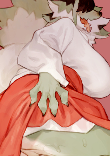 anthro barely_visible_genitalia barely_visible_pussy bebebebebe big_breasts blush bodily_fluids breasts brown_hair canid canine canis claws clothed clothing clothing_lift den-chan_(bebebebebe) female fur genital_fluids grey_fur grey_hair hair hair_over_eyes hakama huge_breasts inazuma_(bebebebebe) inazuma_(toto) japanese_clothing kimono mammal no_underwear open_mouth out-of-frame_censoring pink_background pussy pussy_juice rear_view sharp_teeth simple_background solo sweat teeth tongue white_fur wolf // 631x893 // 585.9KB