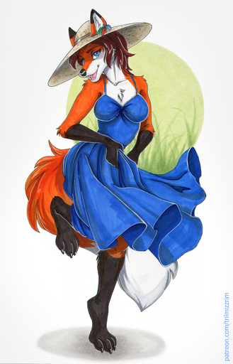 2019 4_toes 5_fingers anthro barefoot biped black_nose blue_eyes breasts canid canine clothed clothing digital_media_(artwork) digitigrade feet female fingers fox fur hair hi_res mammal orange_body orange_fur red_hair smile solo standing toes tril-mizzrim // 770x1200 // 1.3MB