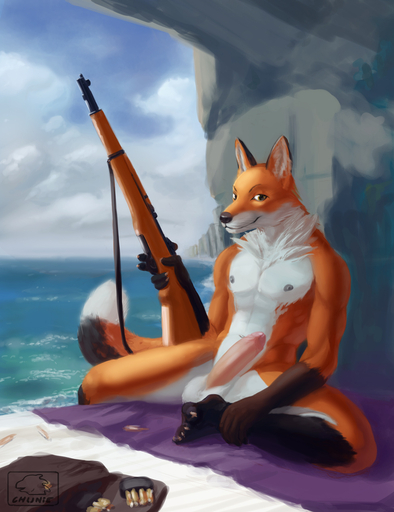 2016 abs anthro athletic athletic_anthro athletic_male balls biped canid canine chunie cliffs cloud detailed_background digital_media_(artwork) erection foreskin fox fur genitals gun hi_res holding_gun holding_object holding_weapon humanoid_genitalia humanoid_penis looking_at_viewer male mammal nipples nude orange_body orange_fur outside pecs penis plantigrade ranged_weapon red_fox retracted_foreskin rifle sea sitting sky smile solo vulpes water weapon white_body white_fur // 984x1280 // 335.9KB