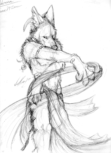 absurd_res anthro belly_dancer bottomwear canid canine canis clothing collar coyote dancing hi_res inside loincloth looking_at_viewer male mammal monochrome sarong smile solo tuuwa vellum // 2040x2807 // 2.6MB